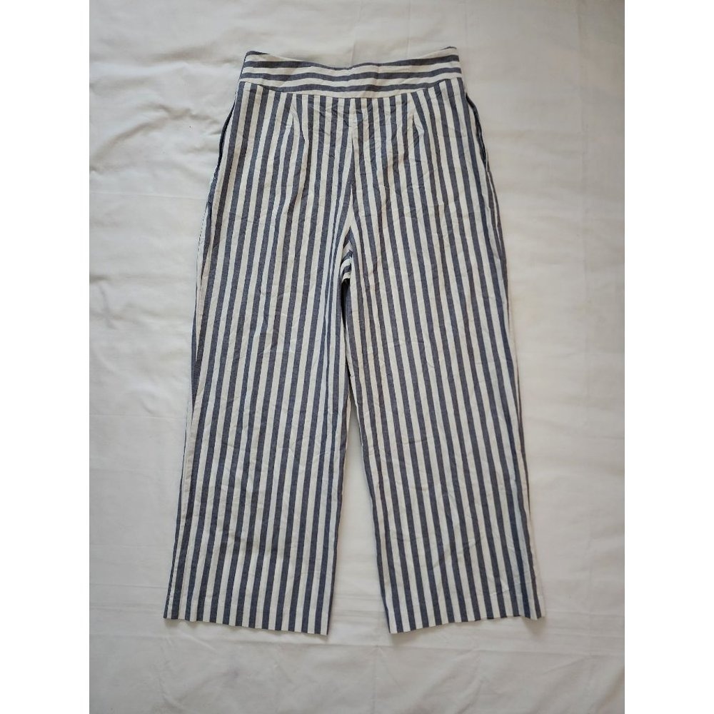 ZARA Women's Blue And White Striped Wide-Leg Pleated Cropped Pants Size Large - Picture 4 of 15